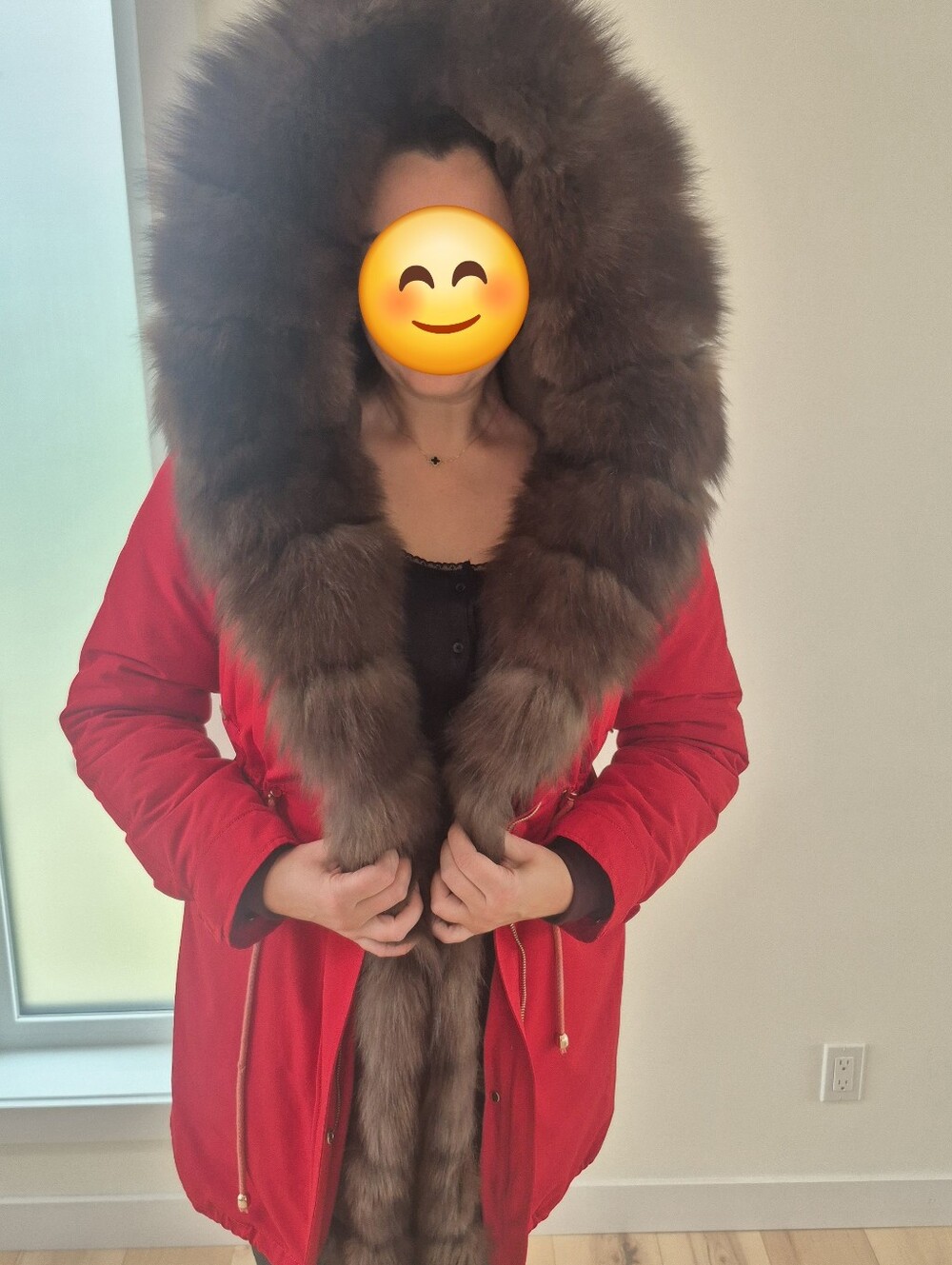 Red Women's Parka Coat with Real Fur Size 40 LIKE NEW